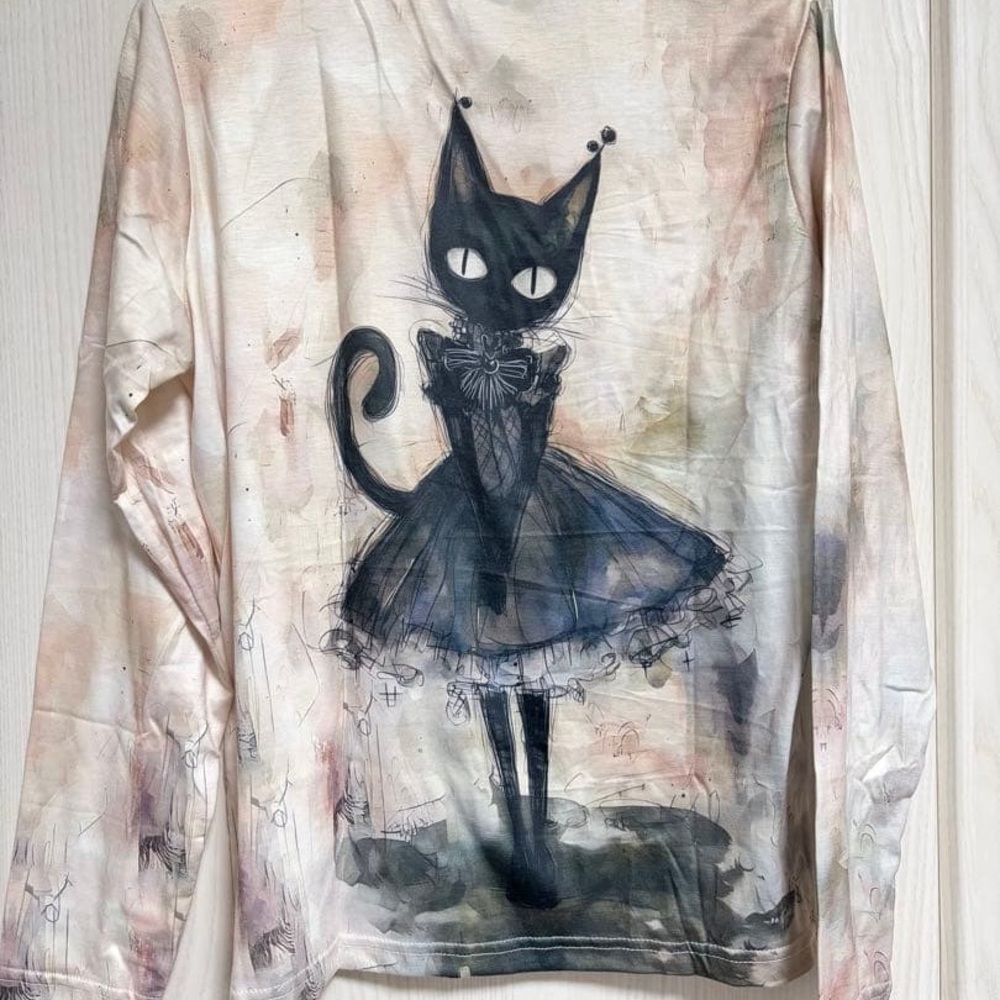Goth Black Cat Graphic Long Sleeve Tshirt - Picture 6 of 6